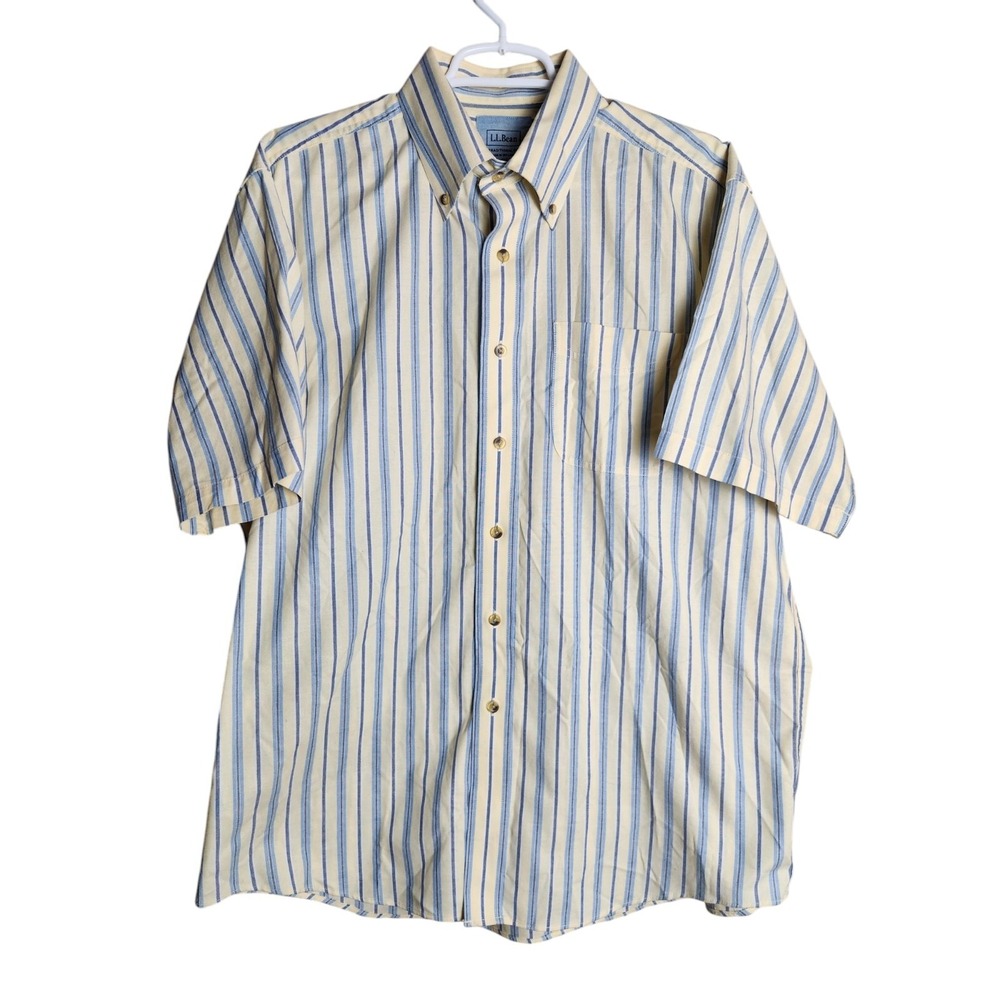 LL Bean Mens Shirt L Regular Fit Yellow Blue Striped Button Hiking Work